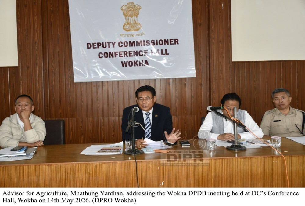 Advisor for Agriculture Mhathung Yanthan addresses the gathering during the DPDB meeting held at the Deputy Commissioner’s Conference Hall in Wokha on May 14. (DIPR Photo)